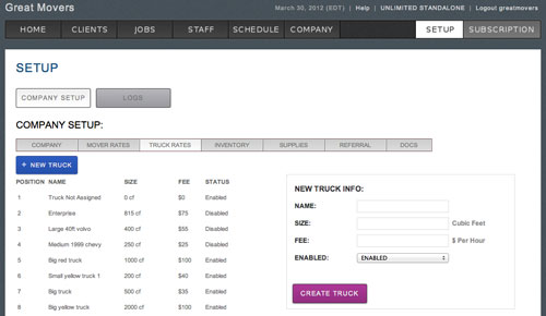 MoverBase Truck Screen
